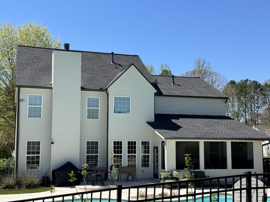 Two-story home with new siding, rear elevation