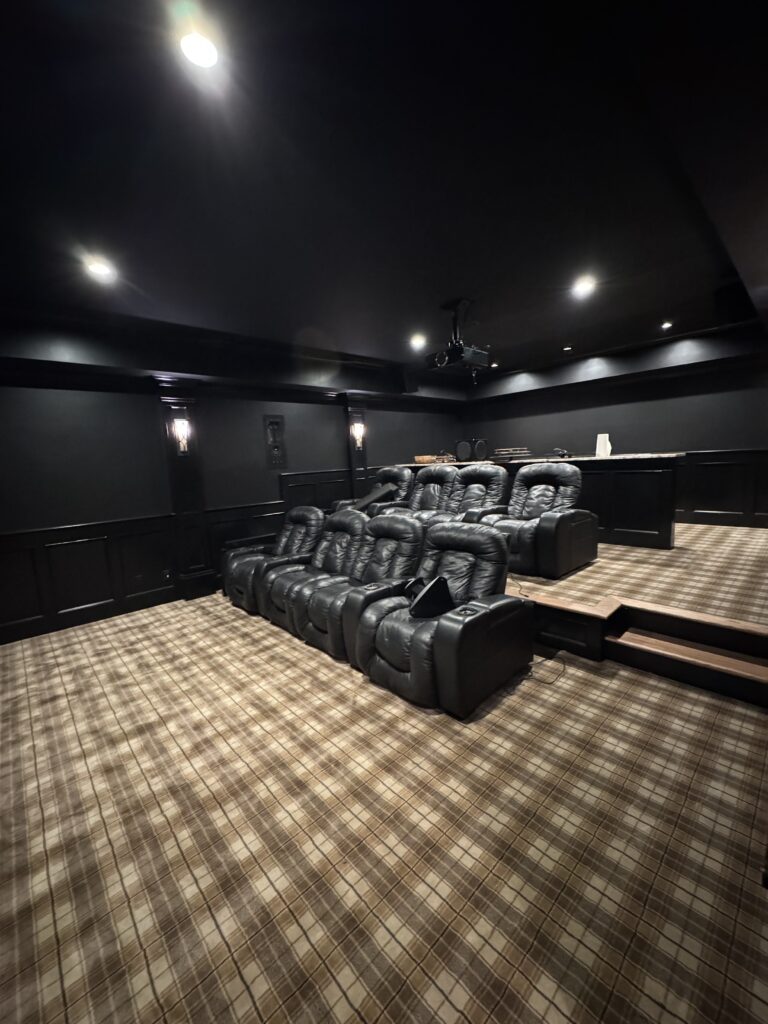 Home theater room with new carpet