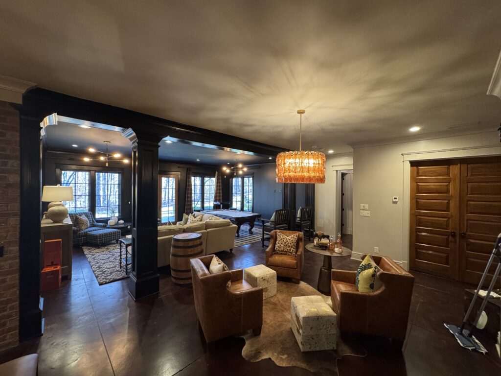 Great room with site-finished dark hardwood floors