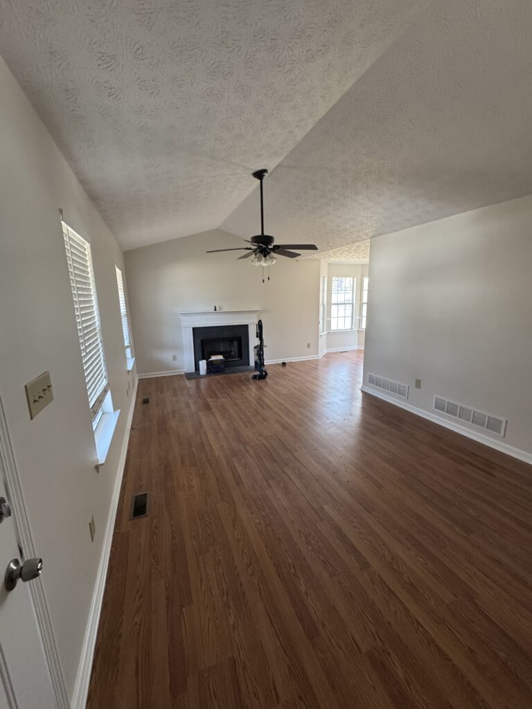 Living room with new flooring and fireplace