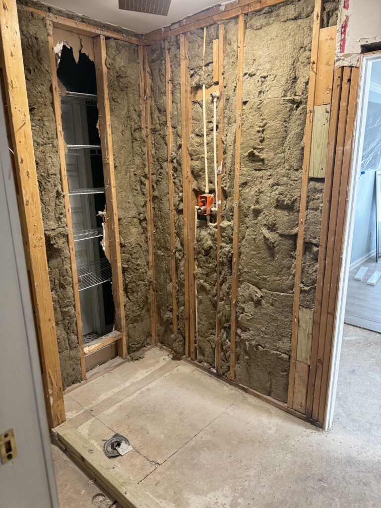 Shower gutted to the studs before new tile