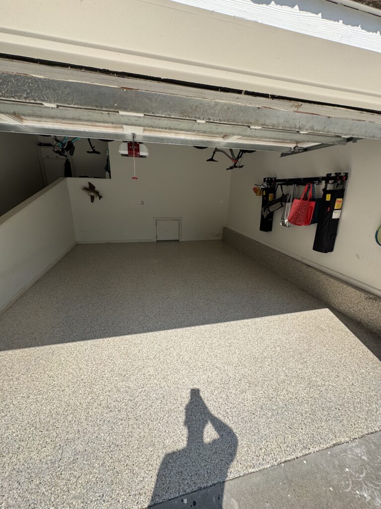 Garage with flake epoxy floor and cabinets